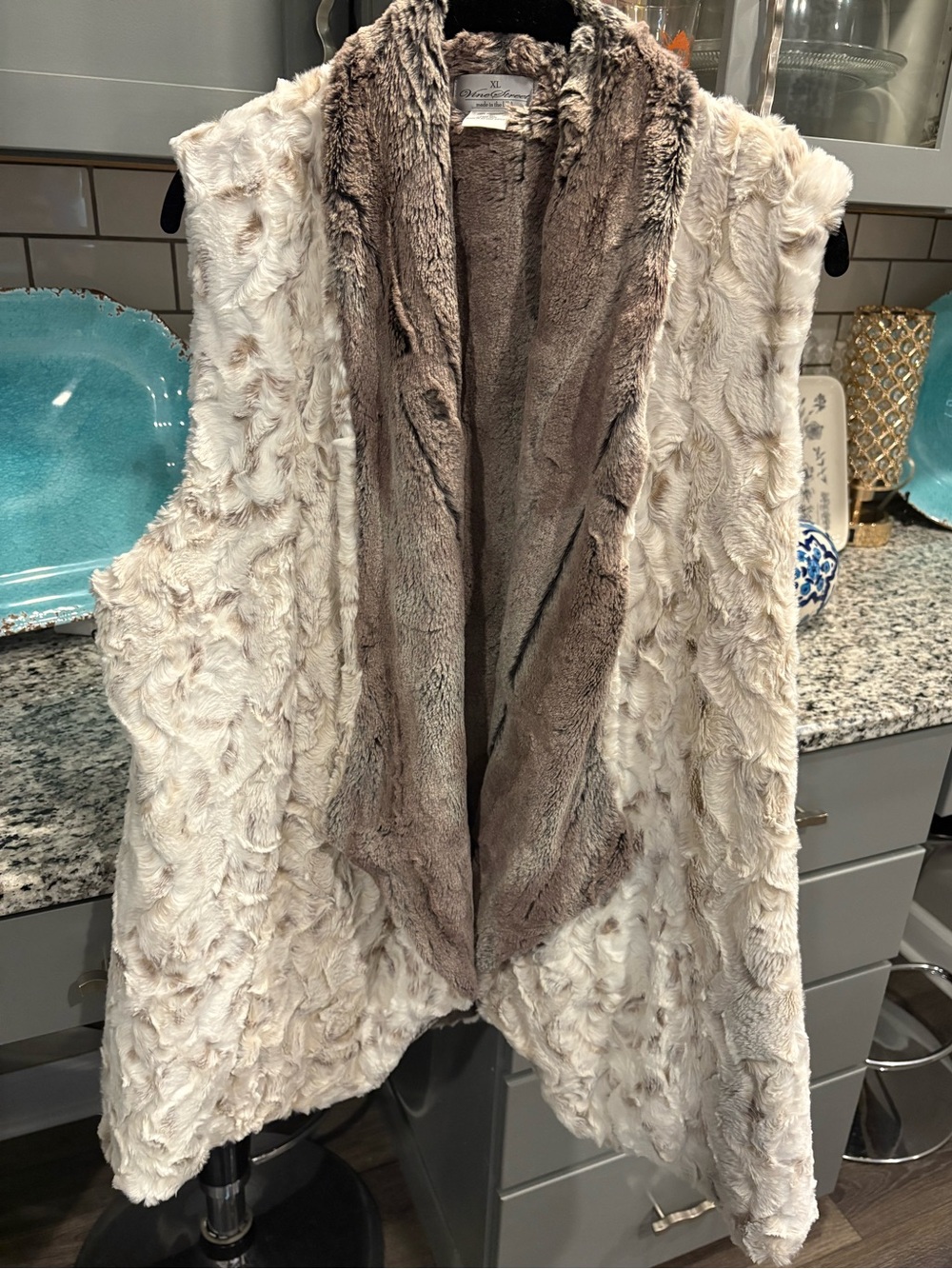 Faux Fur Open-Front Vest in Cream and Brown